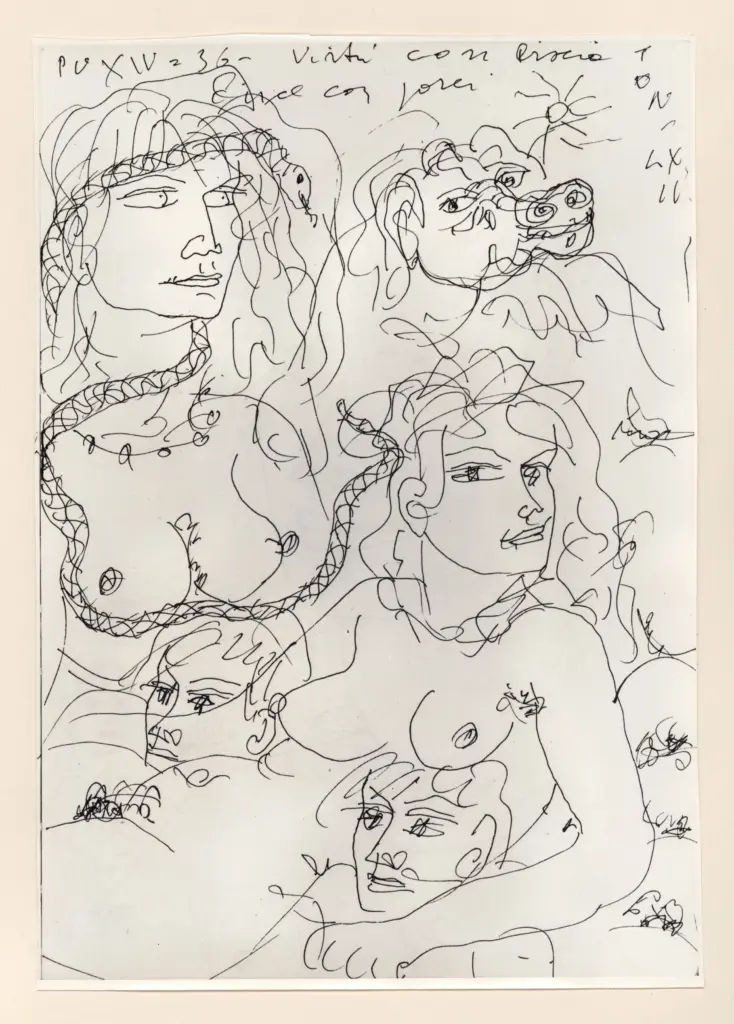 Universit&agrave; di Pisa. Dipartimento di Storia delle Arti , Zancanaro, Antonio - sec. XX - "Divina Commedia": quaderno B, foglio 10 recto: "Virt&ugrave; con biscia-Circe con porci" , fronte