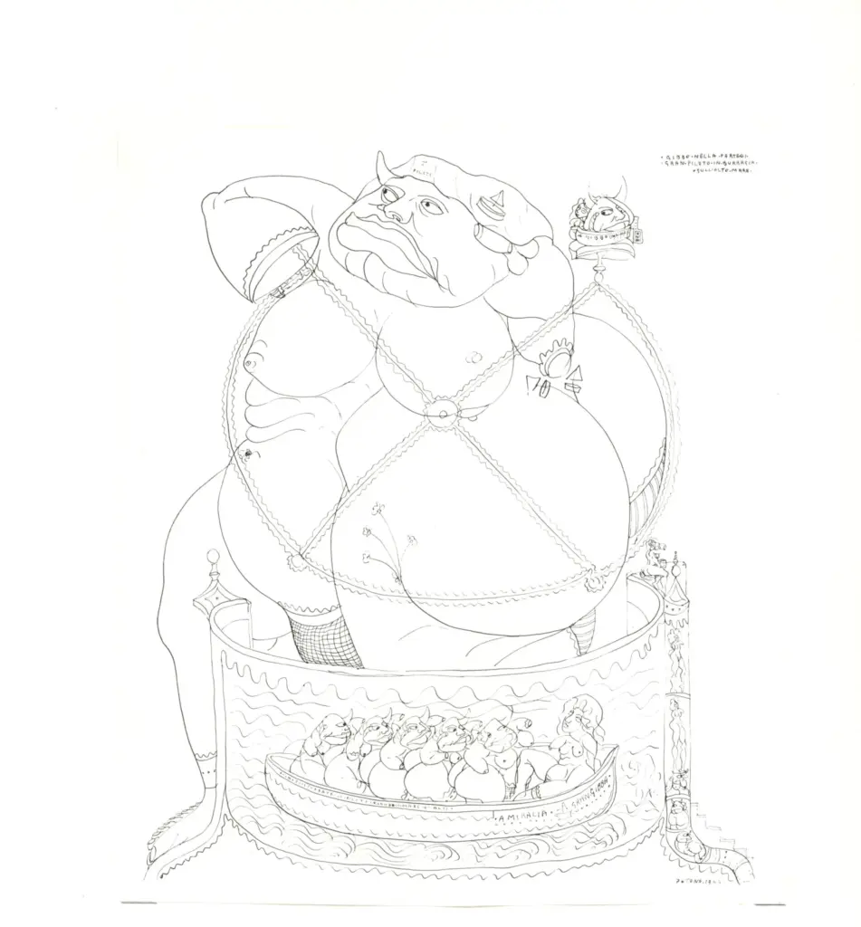 Anonimo , Zancanaro, Antonio - sec. XX - Gibbo nella parte di gran piloto in burrasca sull'alto mare