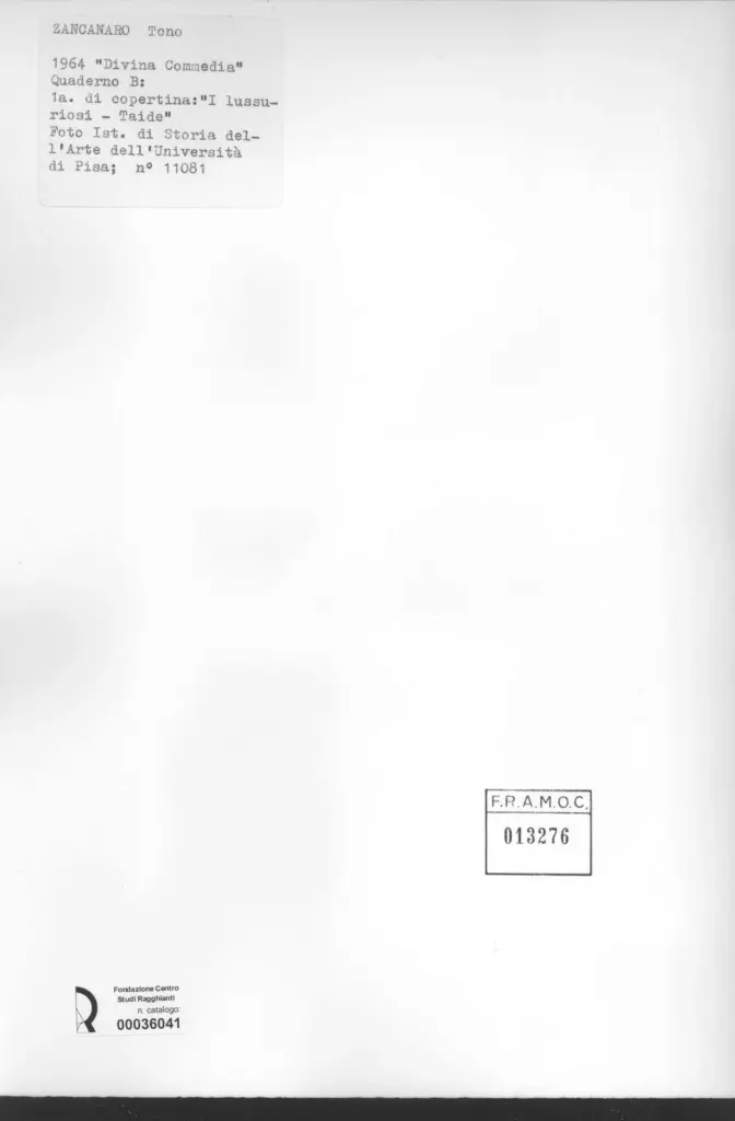 Universit&agrave; di Pisa. Dipartimento di Storia delle Arti , Zancanaro, Antonio - sec. XX - Quaderno B: 1a di copertina: "I lussuriosi - Taide" , retro