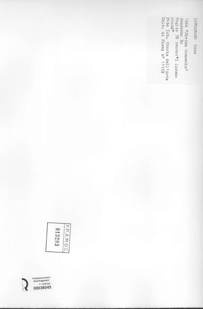 Università di Pisa. Dipartimento di Storia delle Arti , Zancanaro, Antonio - sec. XX - "Divina Commedia": quaderno B, foglio 78 recto: "I lussuriosi" , retro