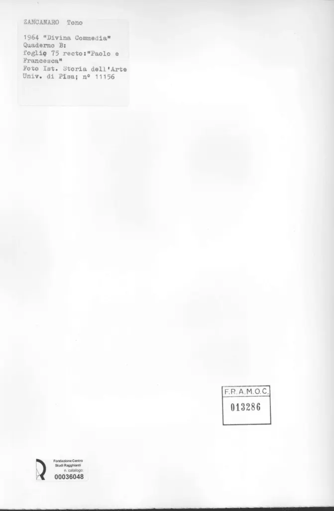 Universit&agrave; di Pisa. Dipartimento di Storia delle Arti , Zancanaro, Antonio - sec. XX - "Divina Commedia": quaderno B, foglio 75 recto: "Paolo e Francesca" , retro