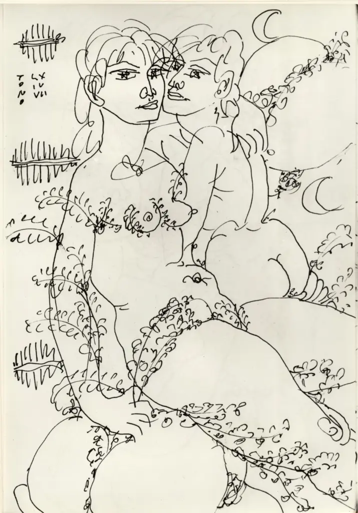 Universit&agrave; di Pisa. Dipartimento di Storia delle Arti , Zancanaro, Antonio - sec. XX - "Divina Commedia": quaderno B, foglio 73 recto: "Paolo e Francesca"