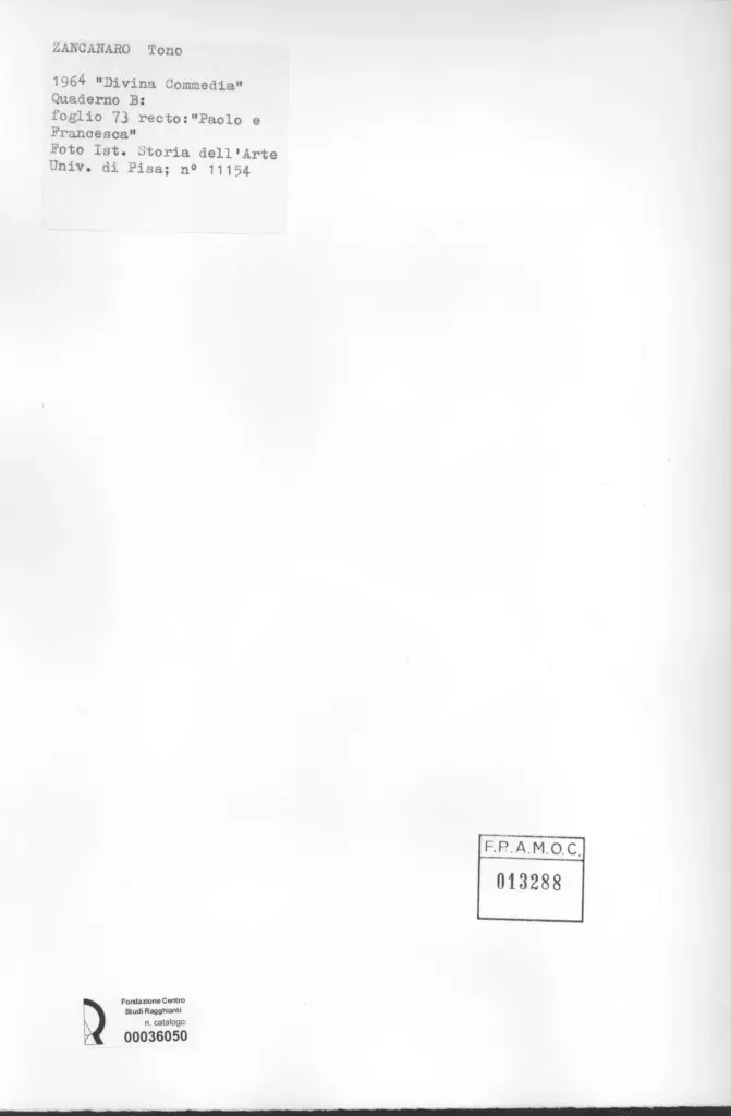 Universit&agrave; di Pisa. Dipartimento di Storia delle Arti , Zancanaro, Antonio - sec. XX - "Divina Commedia": quaderno B, foglio 73 recto: "Paolo e Francesca"