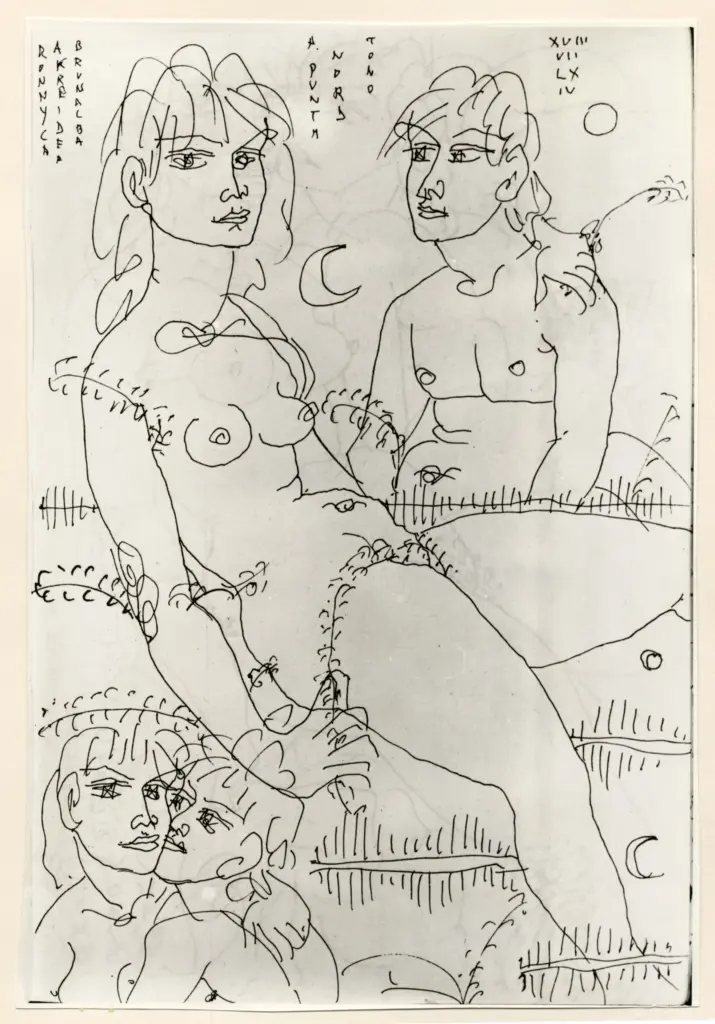 Universit&agrave; di Pisa. Dipartimento di Storia delle Arti , Zancanaro, Antonio - sec. XX - "Divina Commedia": quaderno B, foglio 70 recto: "Ronnyca Akreidea Brunalba" , fronte