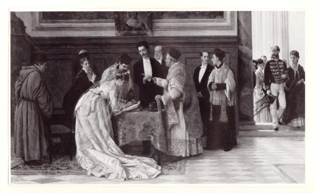 de Blaas, Eugene , Signing the register-A bridal party in a interior -