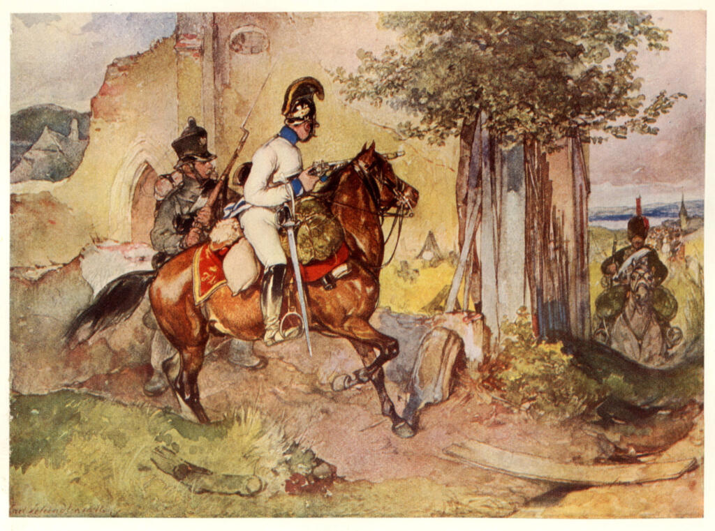 Anonimo , Schindler, Carl - sec. XIX - Vedette Dragoner und Jäger beobachten das Herannahen französischer Hus , fronte