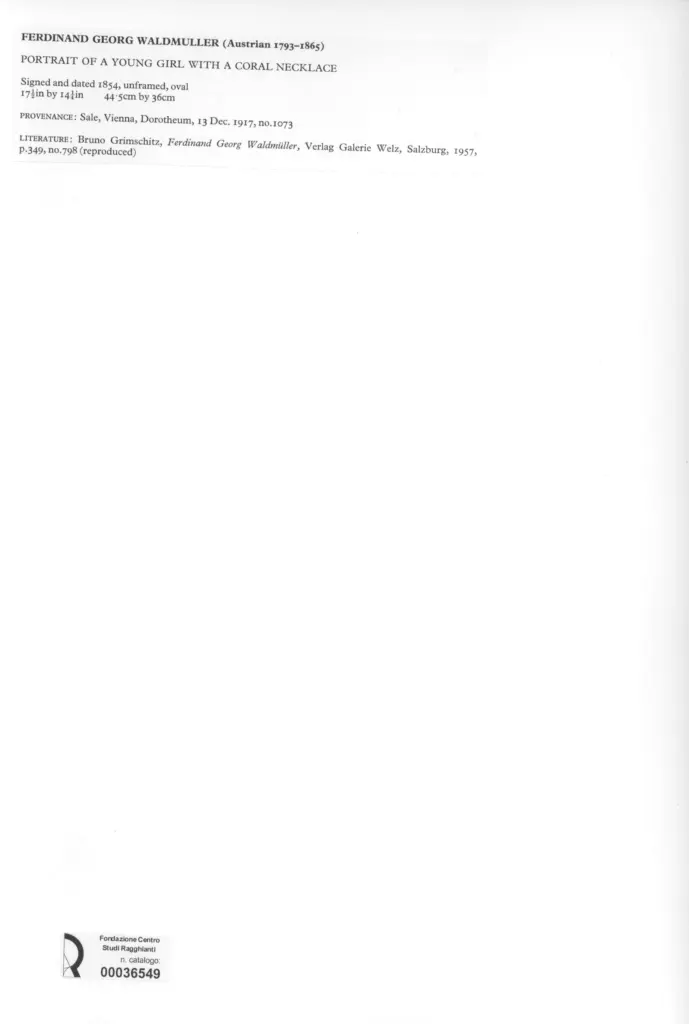 Anonimo , Waldm&uuml;ller, Ferdinand Georg - sec. XIX - Ritratto di ragazzina con collana di corallo , retro