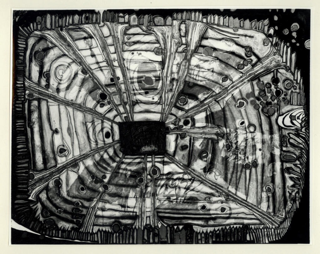Giacomelli , Hundertwasser, Fritz - sec. XX - Pioggia di sangue cadente in acque giapponesi in un giardino austriaco , fronte