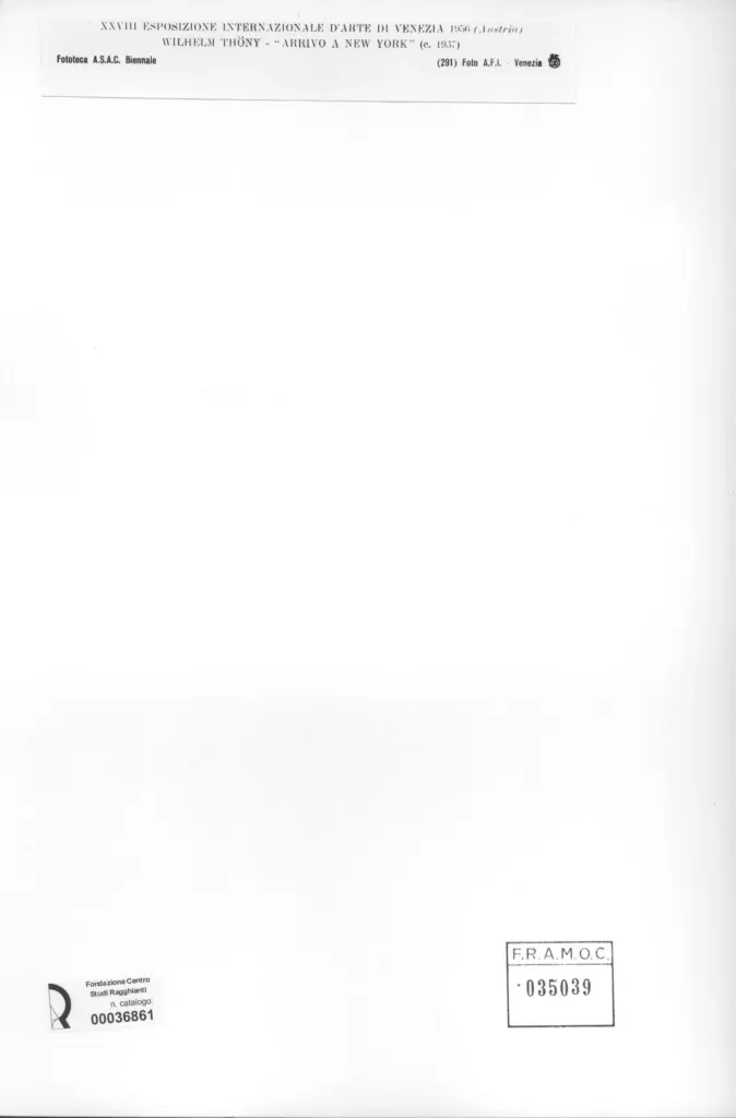 A.F.I. Agenzia Fotografica Industriale , Th&ouml;ny, Wilhelm - sec. XX - Arrivo a New York , retro