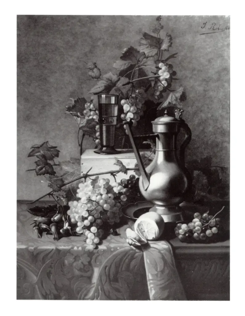 Anonimo , Robie, Jean Baptiste - sec. XIX - A still life of grapes, a wine jug and a glass on a ledge , fronte