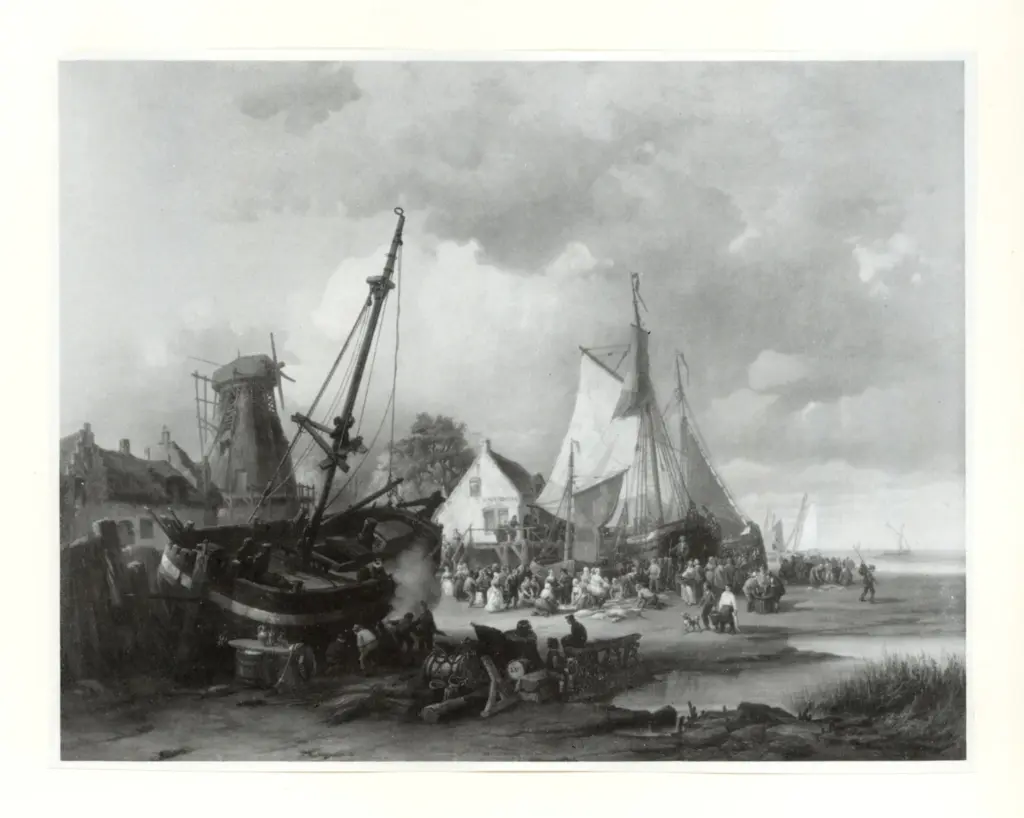 Anonimo , Schaep, Henry - sec. XIX - A view of a Boat Yard many Figures preparing Fish and caulking a Boat , fronte