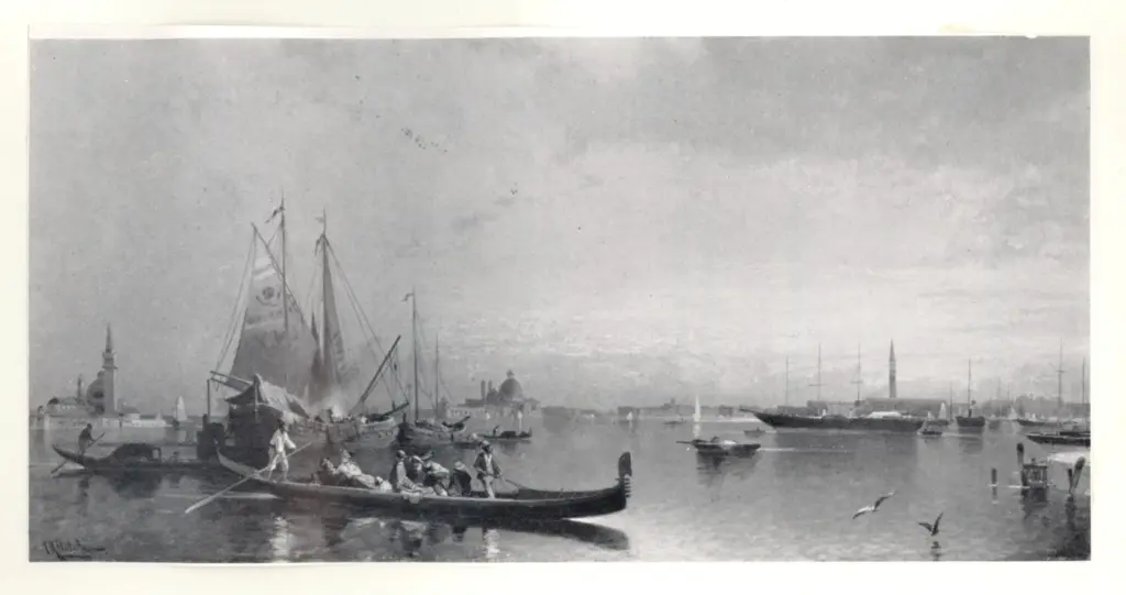 Unterberger, Franz Richard , Thr Venetian Lagoon at sunset with figures in gondolas (...) - , Thr Venetian Lagoon at sunset with figures in gondolas (...) -