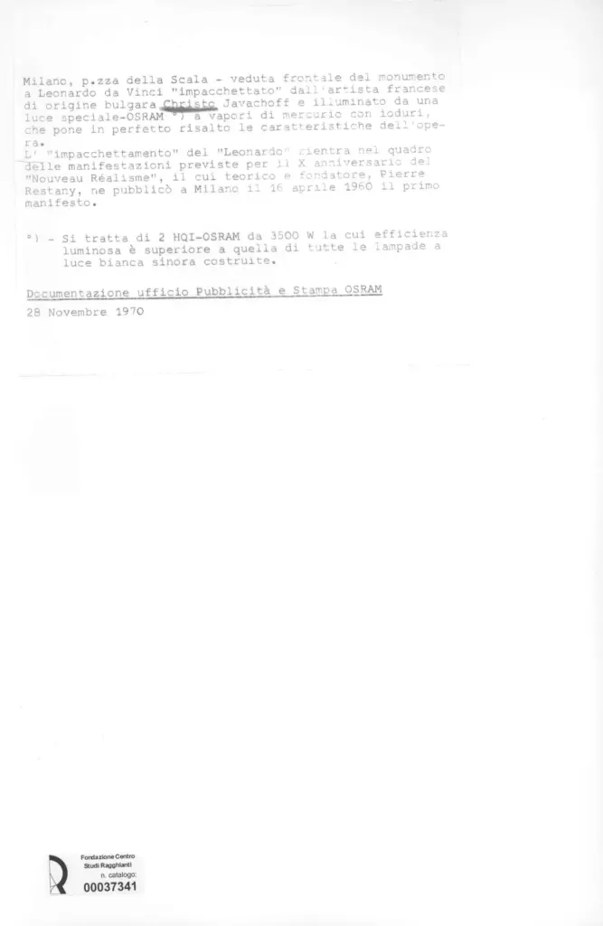 Anonimo , Christo, Javachoff - sec. XX - Monumento a Leonardo da Vinci impacchettato , retro