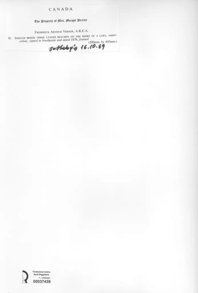 Anonimo , Verner, Frederick Arthur - sec. XIX - Indians beside three canoes beached on the shore of a lake , retro