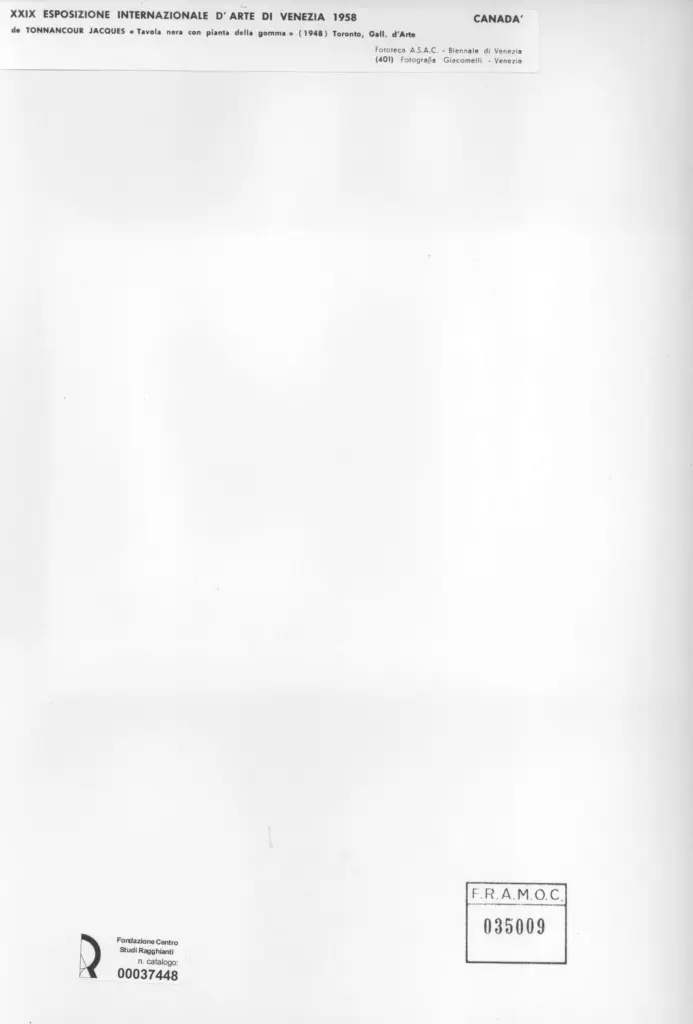 Giacomelli , De Tonnancour, Jacques - sec. XX - Tavola nera con pianta della gomma , retro