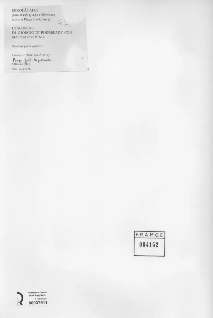 Anonimo , Ale&scaron;, Mikol&agrave;&scaron; - sec. XIX - L'incontro di Giorgio di Podebrady con Mattia Corvino , retro