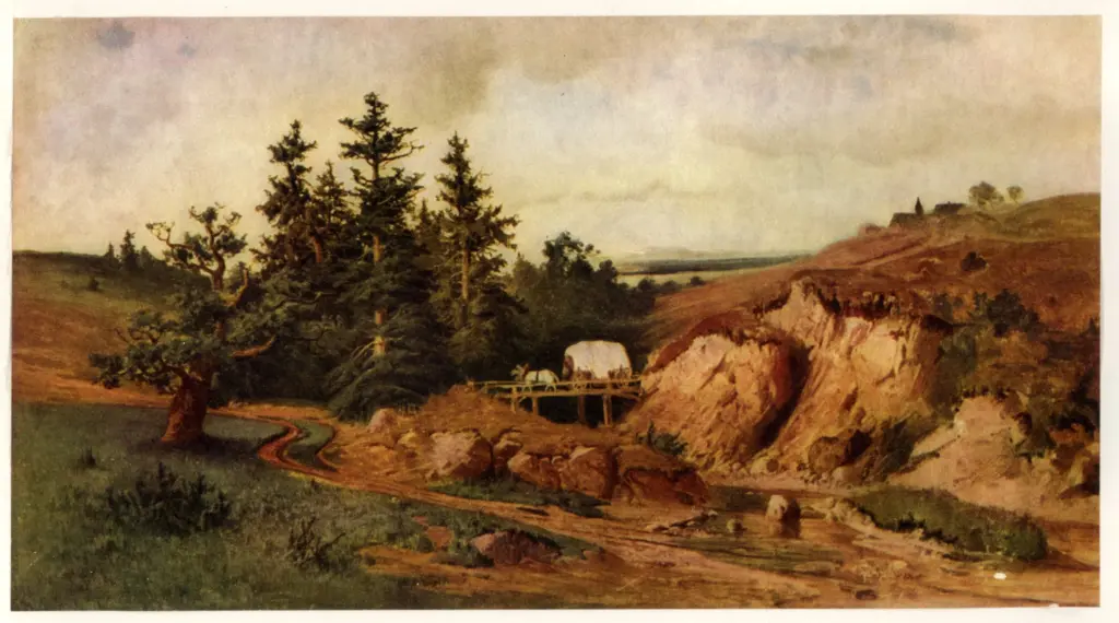 Anonimo , Kos&agrave;rek, Adolf - sec. XIX - Paesaggio con ponte di legno , fronte