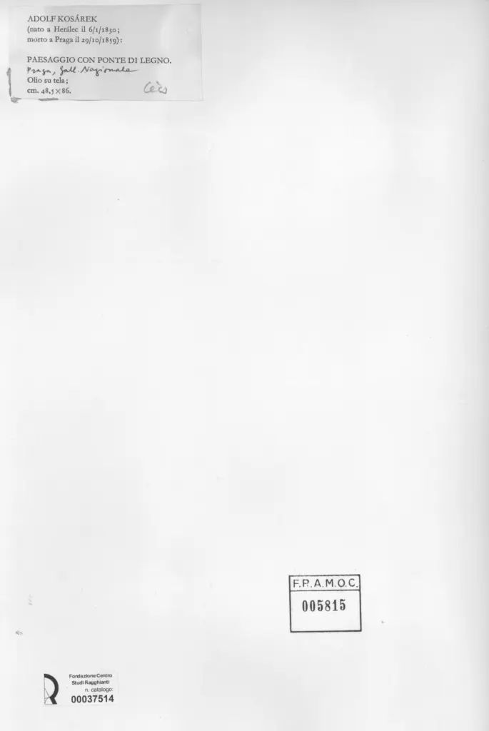 Anonimo , Kos&agrave;rek, Adolf - sec. XIX - Paesaggio con ponte di legno , retro