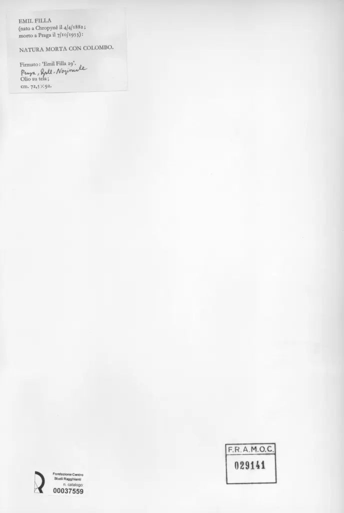 Anonimo , Filla, Emil - sec. XX - Natura morta con colombo , retro