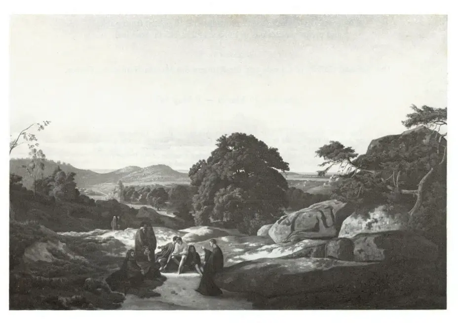 Anonimo , Benouville, Jean-Achile - sec. XIX - Abelard professant dans les environs de Melun Paysage , fronte