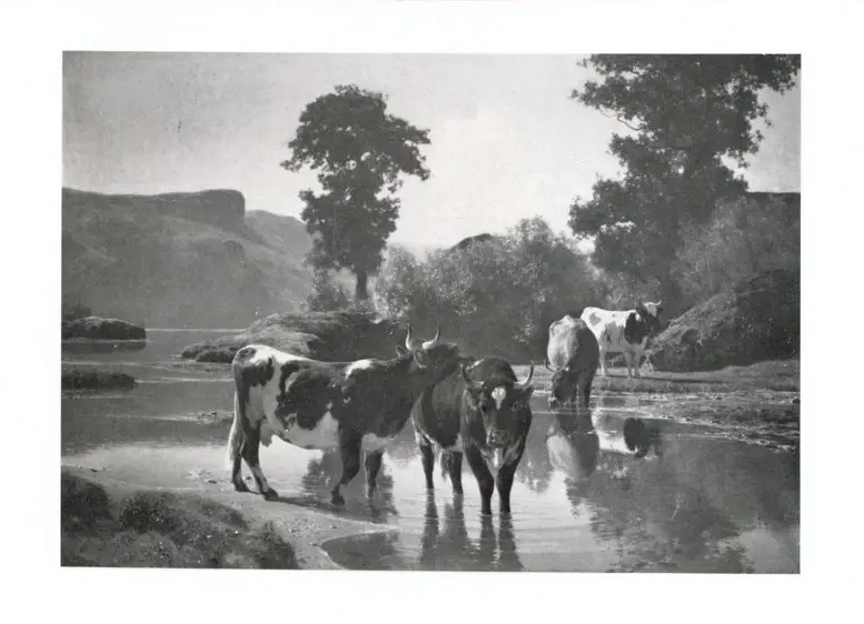 Bonheur, Auguste , Cattle by a lake in a hilly landscape