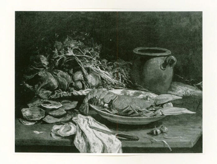 Anonimo , Boudin, Eugène - sec. XIX - Still-life with a lobster, oysters, vegetables and a pot , fronte