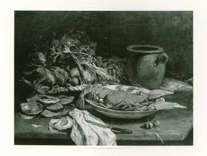 Anonimo , Boudin, Eug&egrave;ne - sec. XIX - Still-life with a lobster, oysters, vegetables and a pot , fronte