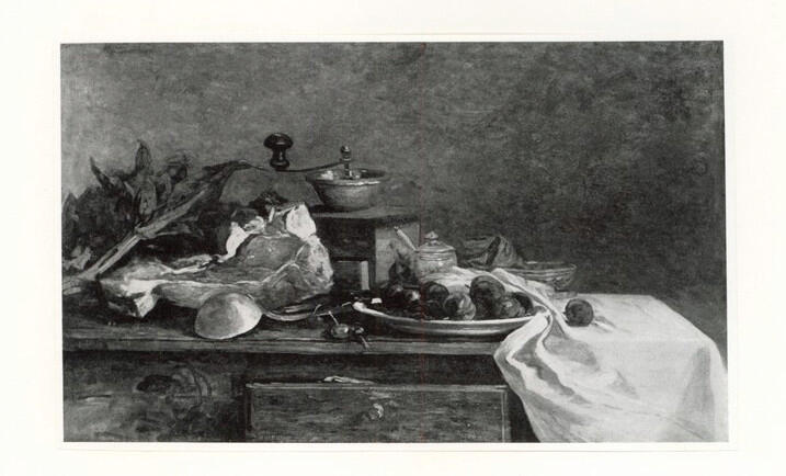 Anonimo , Boudin, Eugène - sec. XIX - Still-life with plums, beef, silver ladle and mixing bowl , fronte