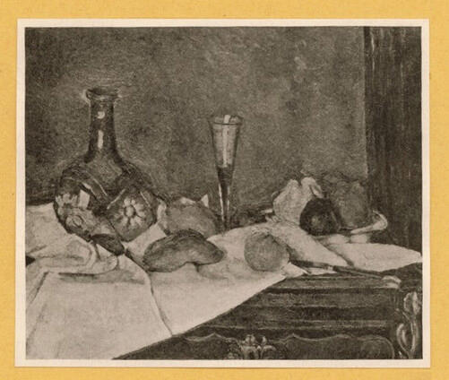 Anonimo , Cezanne, Paul - sec. XIX - Bottiglia, bicchiere, frutta e dolci , fronte