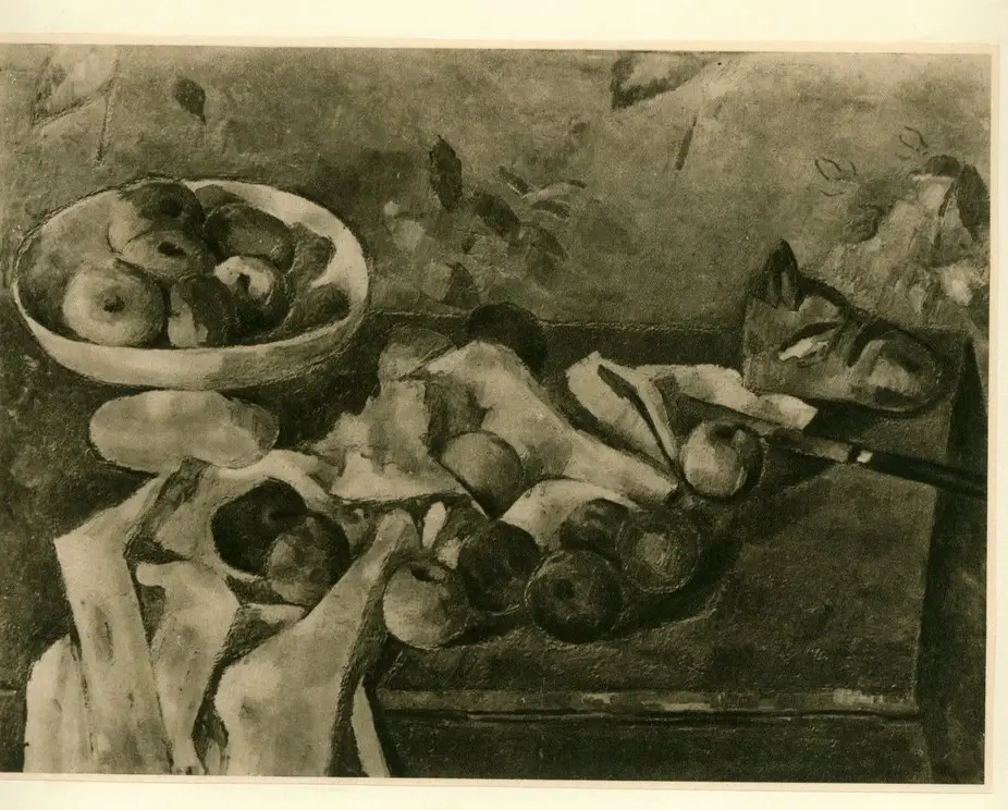 Anonimo , Cezanne, Paul - sec. XIX - Fruttiera, tovagliolo e mele , fronte