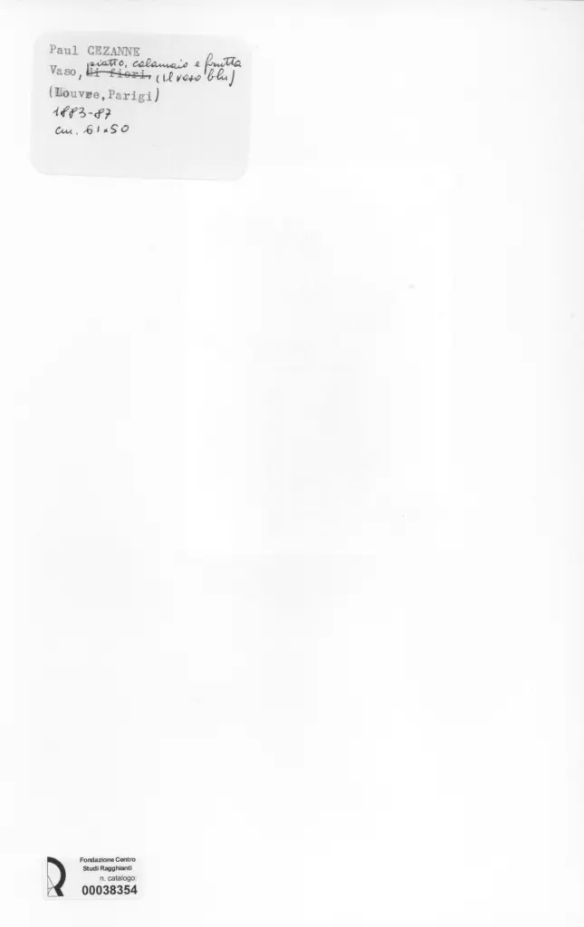 Anonimo , Cezanne, Paul - sec. XIX - Vaso, piatto, calamaio e frutta (Il vaso blu) , retro