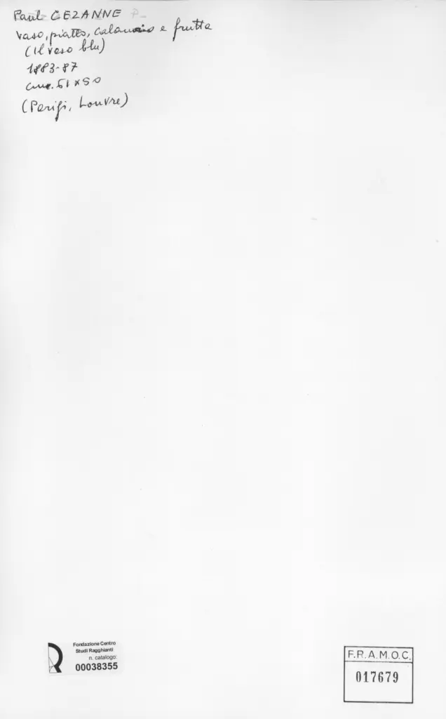Anonimo , Cezanne, Paul - sec. XIX - Vaso, piatto, calamaio e frutta (Il vaso blu) , retro