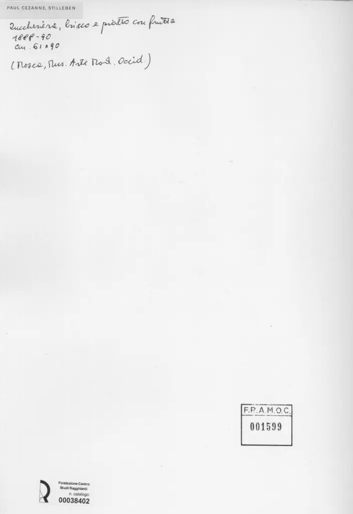 Anonimo , Cezanne, Paul - sec. XIX - Zuccheriera, bricco e piatto con frutta , retro