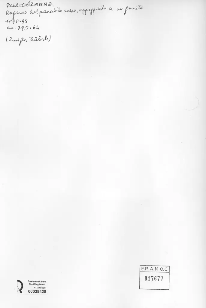 Anonimo , C&eacute;zanne, Paul - sec. XIX - Ragazzo dal panciotto rosso appoggiato a un gomito , retro