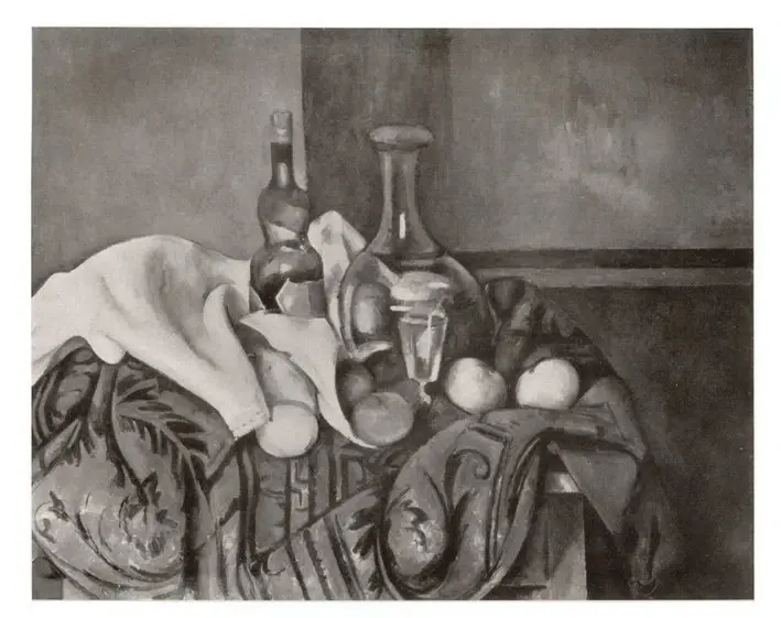 Anonimo , C&eacute;zanne, Paul - sec. XIX - Recipienti, frutta e tappeto (la bottiglia di Peppermint) , fronte