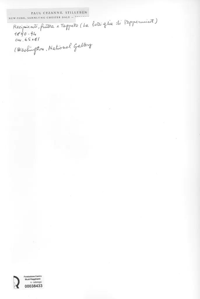 Anonimo , C&eacute;zanne, Paul - sec. XIX - Recipienti, frutta e tappeto (la bottiglia di Peppermint) , retro