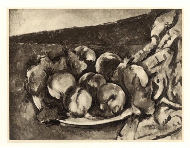 Anonimo , Cézanne, Paul - sec. XIX - Piatto con pesche e tappeto , fronte