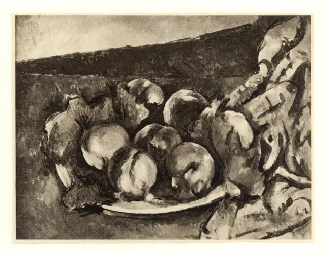 Anonimo , C&eacute;zanne, Paul - sec. XIX - Piatto con pesche e tappeto , fronte
