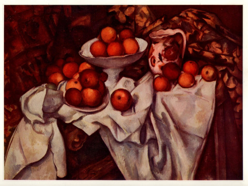 Anonimo , Cézanne, Paul - sec. XIX - Tenda, fruttiera, caraffa e piatto con frutta , fronte