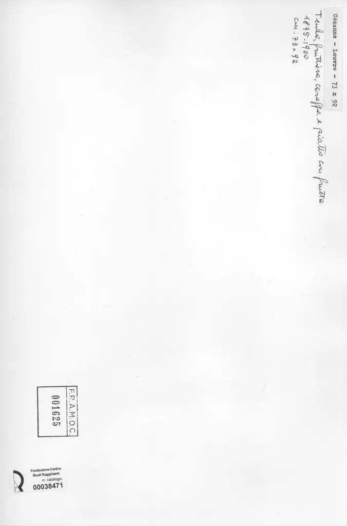 Anonimo , C&eacute;zanne, Paul - sec. XIX - Tenda, fruttiera, caraffa e piatto con frutta , retro