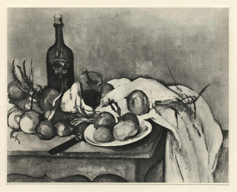 Anonimo , Cézanne, Paul - sec. XIX - Cipolle, bottiglia, bicchiere e piatto , fronte