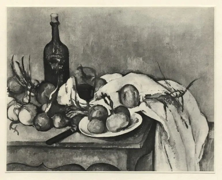 Anonimo , C&eacute;zanne, Paul - sec. XIX - Cipolle, bottiglia, bicchiere e piatto , fronte