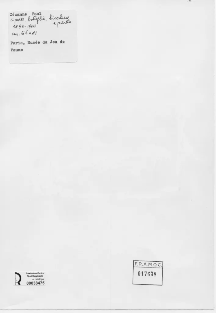 Anonimo , C&eacute;zanne, Paul - sec. XIX - Cipolle, bottiglia, bicchiere e piatto , retro