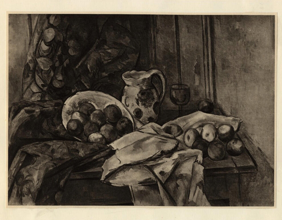 Anonimo , Cézanne, Paul - sec. XX - Tenda, piatto inclinato con frutta, caraffa e bicchiere , fronte