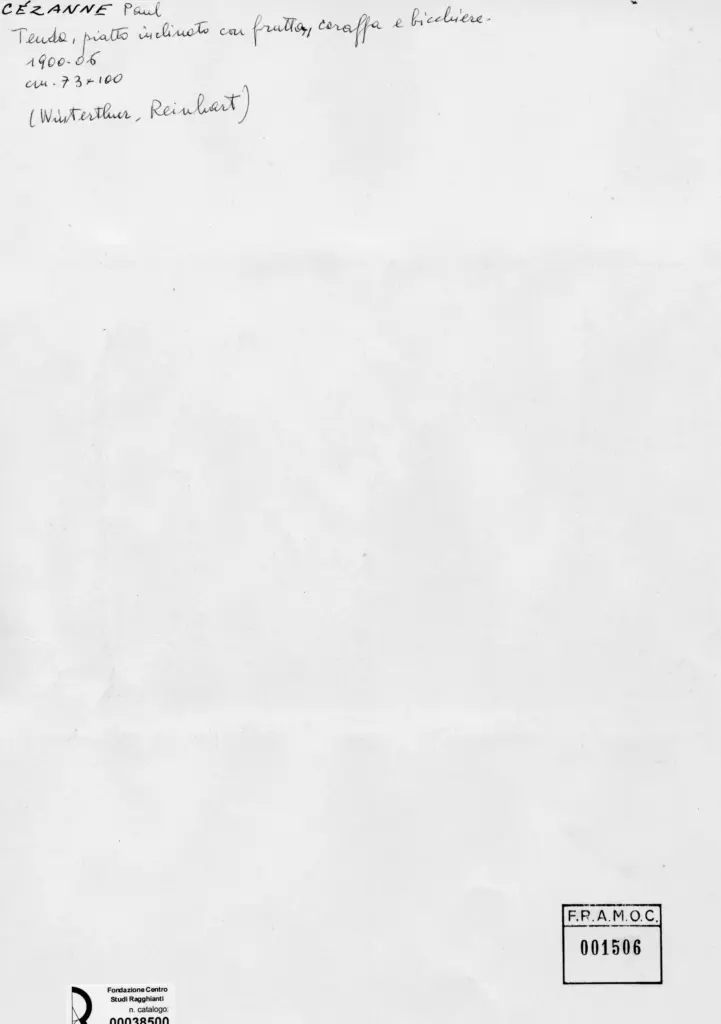 Anonimo , C&eacute;zanne, Paul - sec. XX - Tenda, piatto inclinato con frutta, caraffa e bicchiere , retro