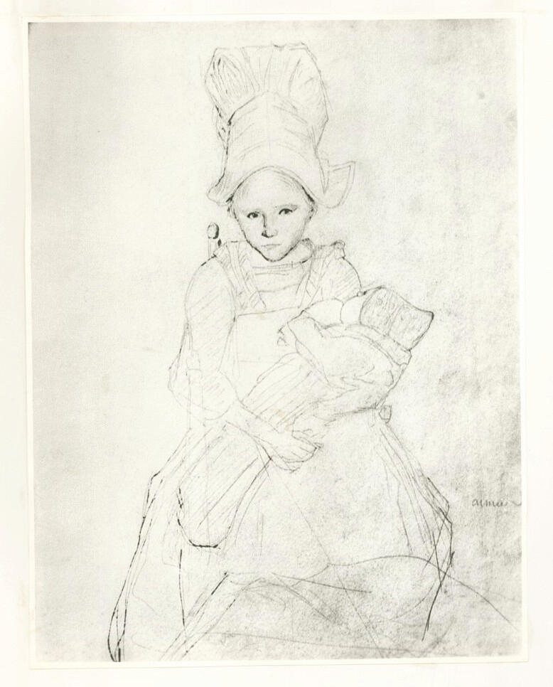 Anonimo , Corot, Jean-Baptiste-Camille - sec. XIX - Jeunne paysanne tenant un enfant "Aimé Raison" , fronte