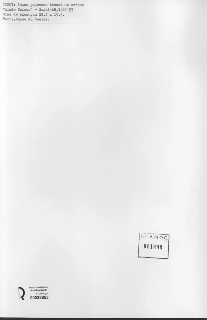 Anonimo , Corot, Jean-Baptiste-Camille - sec. XIX - Jeunne paysanne tenant un enfant "Aim&eacute; Raison" , retro