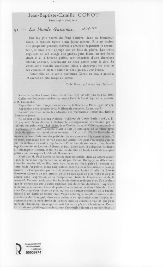 Anonimo , Corot, Jean-Baptiste-Camille - sec. XIX - La blonde Glasconne , retro