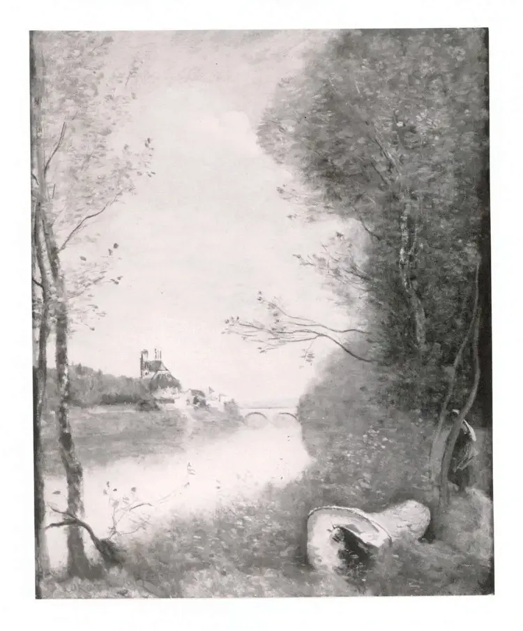 Anonimo , Corot, Jean-Baptiste-Camille - sec. XIX - Mantes - La Cath&eacute;drale vue de loin entre deux grands Bouquets d'Arbres , fronte