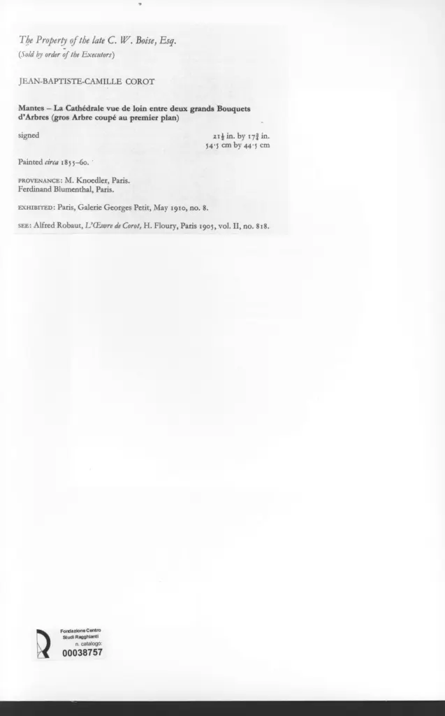 Anonimo , Corot, Jean-Baptiste-Camille - sec. XIX - Mantes - La Cath&eacute;drale vue de loin entre deux grands Bouquets d'Arbres , retro